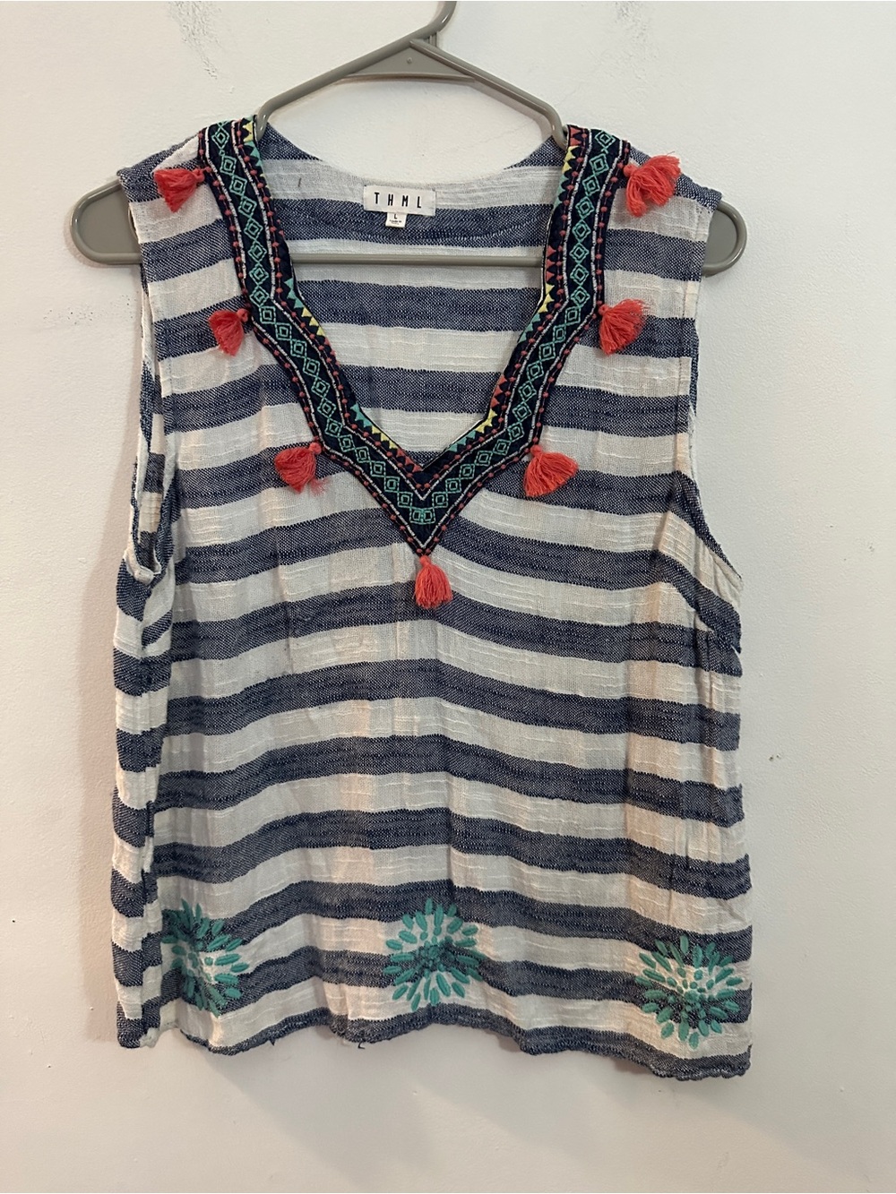 THML Navy and White Striped Tassel Embroidered Sleeveless Top